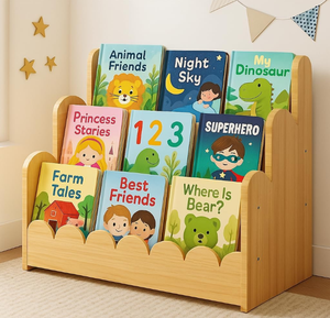 ชั้นวางหนังสือเด็ก 3 ชั้น ทำจากไม้ แบบ Montessori รูปทรงโค้งมน ชั้นวางหนังสือสำหรับเด็กเล็ก วางหน้าต่อหน้า ชั้นวางโชว์หนังสือสำหรับห้องเด็ก ห้องเล่น - Product Image 1