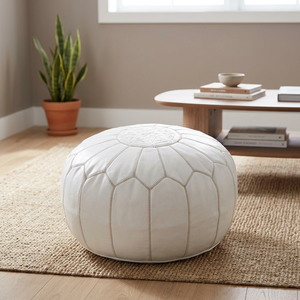 White <b>Leather</b> Pouf <b>Cover</b> Geometric Embroidery Bohemian Style Stitched Design Handmade Home Decor Drawstring Closure Customizable - Product Image 1