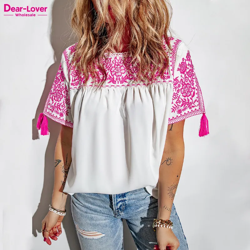Dear-Lover 2023 New Arrivals Blouse Embroidered Floral Short Sleeves Shift Summer Top For Women