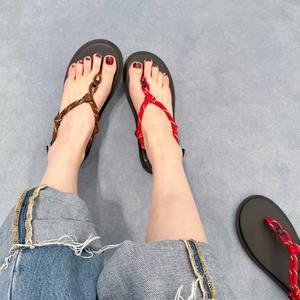 Sandalias Planas de Lujo para Mujer, Tipo Tanga, con Velcro, Cuerda de Cáñamo, Casuales, de Una Sola Tira, para Vacaciones y Playa - Product Image 3