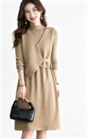 Ensemble robe en tricot de laine et acrylique de haute qualité en 2 pièces, col en V asymétrique, gilet, robe midi côtelée à col montant pour femme, tenue de bureau