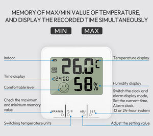 बहुक्रियाशील डिजिटल इनडोर थर्मो-हाइग्रोमीटर, एलसीडी डिस्प्ले तापमान आर्द्रता मॉनिटर आराम संकेतक के साथ - Product Image 4
