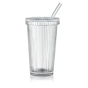 Vasos de viaje, taza de té y café de vidrio acanalado, vaso con tapa de vidrio y cubierta de taza de paja - Product Image 1