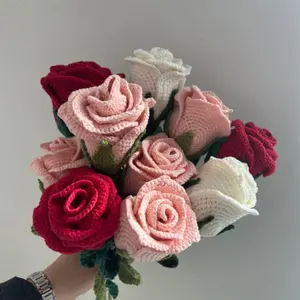 Valentine's Gift Wedding Decoration Artificial Knit Crochet Plant Flower Bouquet Stem Rose