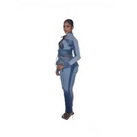 Multi-Pockets Elastic Cargo Jean 2 Piece Pant Set Crop Jacket and Stretchy Cargo Jeans Suits
