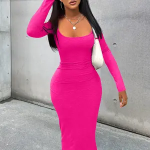 ZHEZHE Women Long Dresses with Long Sleeve Ribbed Square Neck Dress Autumn Party Club Xs Bodycon Dress