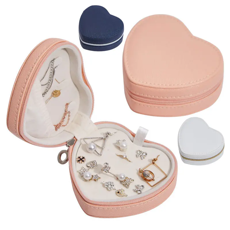 Jewelry Gift Box Storage Necklace Ring Earrings Bracelet Zipper Closure Packaging Portable Travel Heart Shape Pu Leather Case