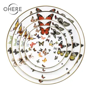 七彩蝴蝶图案陶瓷盘质优价廉普通白瓷餐具套装诞生套装