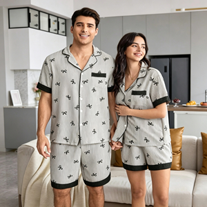 Conjunto de Pijama de Bambú de Fábrica, Ropa de Dormir con Estampado de Rayas y Lazo, Manga Corta, para Mujer y Hombre, Proveedor de Lujo - Product Image 2