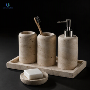 Ensemble d'accessoires de salle de bain en marbre travertin Luca |   Ensemble de 5 pièces en pierre polie : Distributeur de savon, Porte-brosses à dents, Plateau – Idéal pour la maison et l'hôtel, sur mesure - Product Image 3