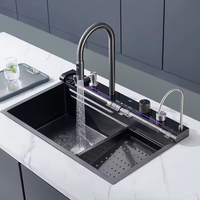 Ensemble d'évier de cuisine moderne en acier inoxydable 304 et laiton, rectangulaire, à cuve unique, avec égouttoir, multifonctionnel, finition gris brossé
