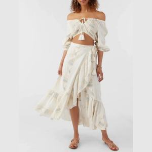 Conjunto de Dos Piezas para Mujer, Estilo Bohemio de Verano, Cuello en V, Estampado, Manga Abullonada, Top Corto y Falda, OEM ODM - Product Image 1