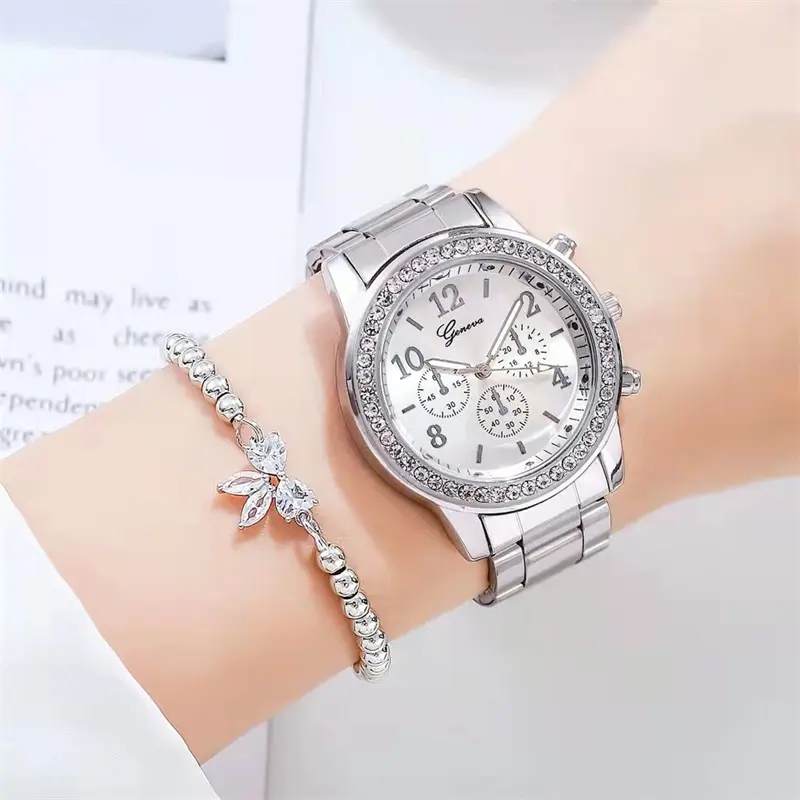 2 PCS Set Women Rose Gold Diamond Bracelet Watch Luxury Jewelry Ladies Casual Quartz Wristwatches
