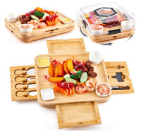 Plateau de service rotatif en bambou de 14 pouces, ensemble cadeau, plateau à fromage en bois avec couvercle et tiroirs cachés – Vente chaude