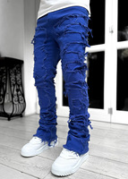 Jeans baggy droit déchiré pour hommes, droit personnalisé, brodé au point de croix, imprimé, patch à pression, vente en gros de pantalons en jean en cuir