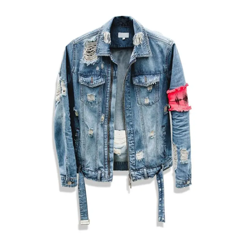 Custom Jeans jacket For Men Bicep and Back Logo Embroidery Printed Patch Designed Ripped Denim Jacket Brand Casual Fashion Coat