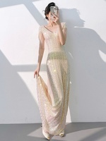 Robe de soirée longue couleur bonbon, ornée de perles et de paillettes, coupe trapèze, avec col à nœud et taille naturelle, en organza de polyester, pour soirée