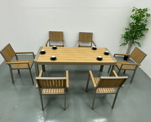 Modern Durable <b>Aluminum</b> Wood Grain Commercial Dining <b>Table</b> Set Outdoor Patio Restaurant Furniture 4 Seater Slatted Chair Set - Product Image 4