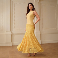 Robe de soirée sirène élégante jaune en dentelle sans manches pour femme, idéale pour mariage, fabrication sur mesure en petites séries, vente rapide en gros