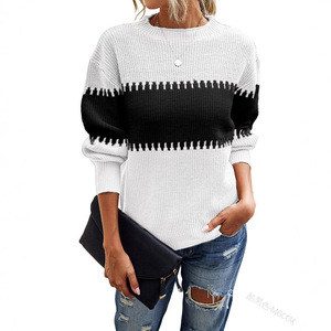 Women's Korean version color <b>block</b> pullover striped sweater with regular sleeves, winter fashion knitted and woven - Product Image 3