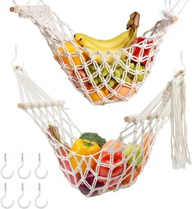 Fruit Hammock Under Cabinet 2 Pack Macrame Hanging Fruit Basket Veggie Banana Holder with Hooks Boho Decor