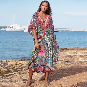 Fas Kaftan Bohemian baskılı yaz elbisesi uzun tunik kadınlar artı boyutu plaj kıyafeti mayo Cover Up Robe de plage