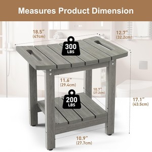 Shower <b>Stool</b> With <b>Storage</b> Rack Gray Solid Wood Indoor Spa Bathroom Chair Seat - Product Image 2
