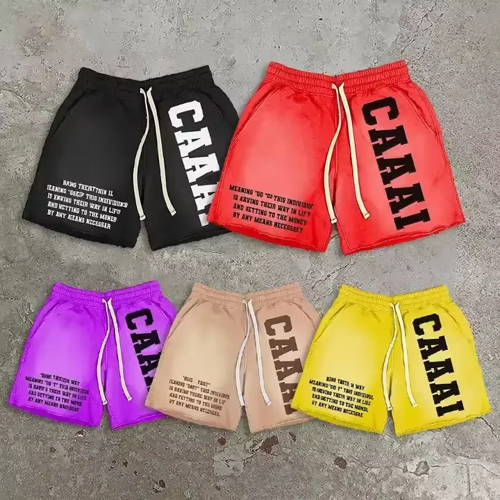 Pantaloncini da sudore sbiaditi personalizzati Kangxin stampati con bordi grezzi di spugna francese