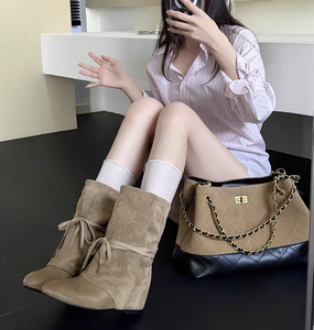 Bottines pour femme kaki à bout pointu, tige souple, détail à nouer, talon <span class=keywords><strong>compensé</strong></span>, bicolores camel et <span class=keywords><strong>beige</strong></span>, élégantes et décontractées - Product Image 1