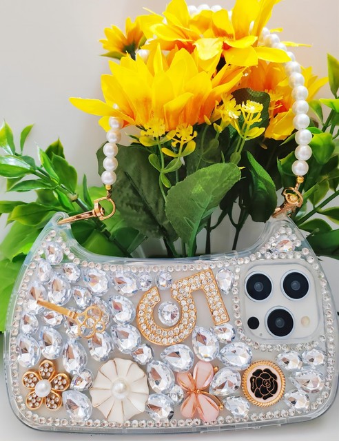 Luxury Bling Diamond Lucky Number TPU Phone Cover Handbag Pearl Wrist Strap Case for iPhone  Mobile Model