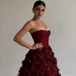 Robes de soirée pour femmes, <span class=keywords><strong>robe</strong></span> de bal en tulle bordeaux sans bretelles, col cœur, applique de rose 3D, vente en gros d'usine - Product Image 4