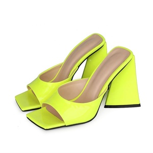 Solid Florescent Color Summer Heels Women Sexy Sandals on Chunky Heel Dress Shoes <b>Big</b> Size 45 Non - Product Image 1