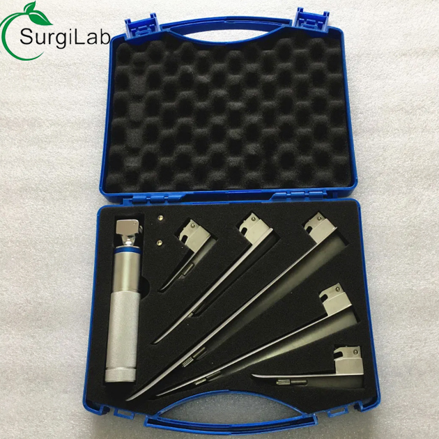 Veterinary Medical Anesthesia Fiberoptic Laryngoscope 5 Blades and Brass Handle for Pet Hospital