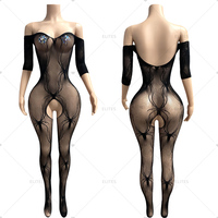 ELITES Ensemble 2 pièces en dentelle et résille orné de strass, tenues sexy pour spectacle, tenues de strip-teaseuse, body, bikini, lingerie