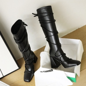 Bottes à talons épais croisées pour femme, grande taille 46, à bout carré, hauteur genou, chaussures d'hiver pour femme, à lacets - Product Image 6