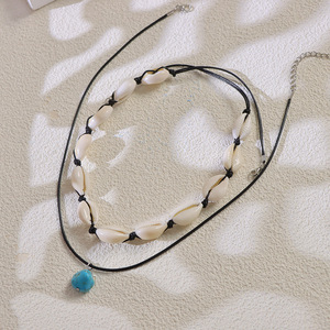 สร้อยคอสองชิ้นสีเทอร์ควอยซ์ลายเปลือกหอย เชือกสีดำ รูปทรงเรขาคณิตไม่สม่ำเสมอ แฟชั่นสำหรับงานปาร์ตี้ สร้อยคอคล้องไหปลาร้า สไตล์มินิมอล ฮิปฮอป - Product Image 4