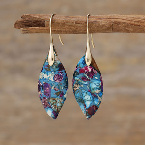 Bohemian Stone Color-<b>Blocked</b> Leaf Pendant Earrings Women's Fashion Dangle Jewelry Gift Zinc Alloy Geometric <b>Shape</b> Plant Pattern - Product Image 1