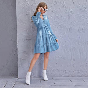 Robe en jean taille Empire, col en v, manches longues évasées, ligne a, longueur genou, devant ouvert, automne <span class=keywords><strong>2022</strong></span> - Product Image 5