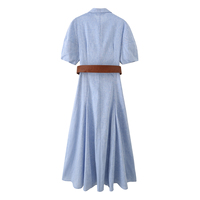 Robe chemise longue décontractée pour femme, col rabattu, bleu, avec ceinture, manches courtes, boutonnée