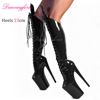 Chaussures de danse gothiques pour femmes, à plateforme, hauteur genou, talons fins de 9 pouces, pour l'hiver, la boîte de nuit, la danse de strip-tease, sexy, à bout ouvert, à carreaux, style western, fétichistes