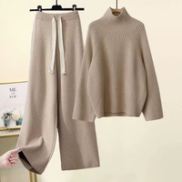 Ensemble en cachemire pour femmes, pull en cachemire à col roulé à manches longues pour l'automne, pantalon ample en cachemire