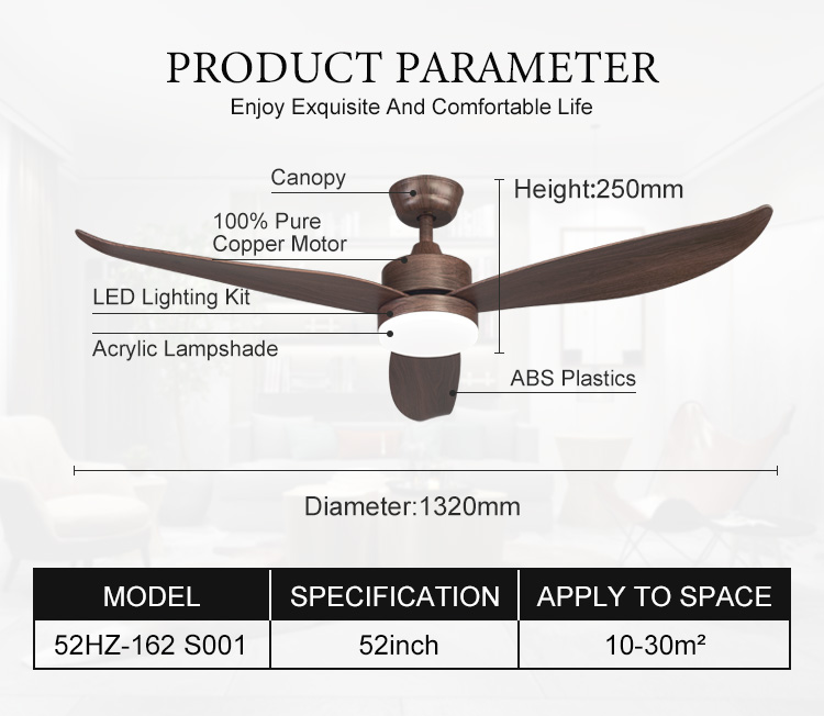52 inch led light with fan lamp ventilador techo Remote ceiling fan for bedroom 3 blades Wood grain color 24W led