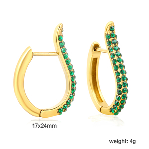18K Gold Plated Stainless Steel U-Shaped <b>Green</b> CZ Huggie <b>Earrings</b> Women Minimalist Geometric Arc Design Hypoallergenic - Product Image 3