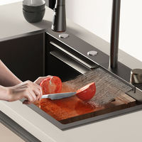 Évier de cuisine en acier inoxydable à cuve unique, multifonctionnel, avec robinet extractible à affichage numérique nano, design cascade Fahrenheit