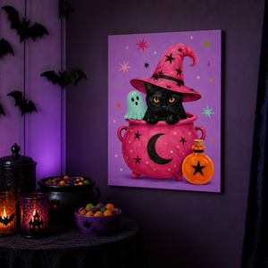 Cappello da strega rosa carino con libro di incantesimi e pozione, decorazione fantasiosa, regalo di Halloween, quadro su tela con cornice, decorazione da parete per la casa - Product Image 4
