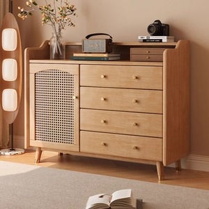 Nordic Retro Solid Wood Sideboard With Rattan Door Four <b>Drawer</b> Storage Cabinet For Bedroom Living Room - Product Image 2