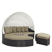 Cama de día de mimbre para todo tipo de clima al aire libre con sombrilla Venta caliente Sofá cama redondo de mimbre Patio junto a la piscina Cama de playa redonda con dosel