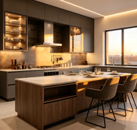 Armoires de cuisine modernes personnalisées en bois grainé gris foncé mat avec îlot central et vitrine à éclairage LED