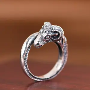 S925 sterling silver ring for men open adjustable fashion jewelry open ring in the shape of sheep's head