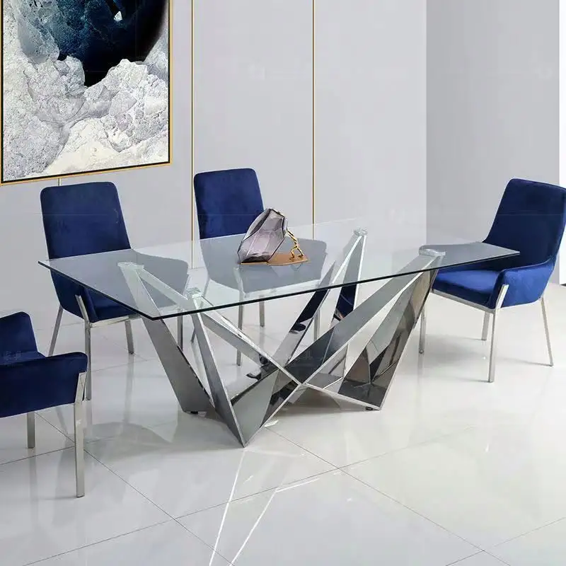Cheap Glass dining table set 6 seater Metal Leg Tempered Glass Dining Table 4 Seater